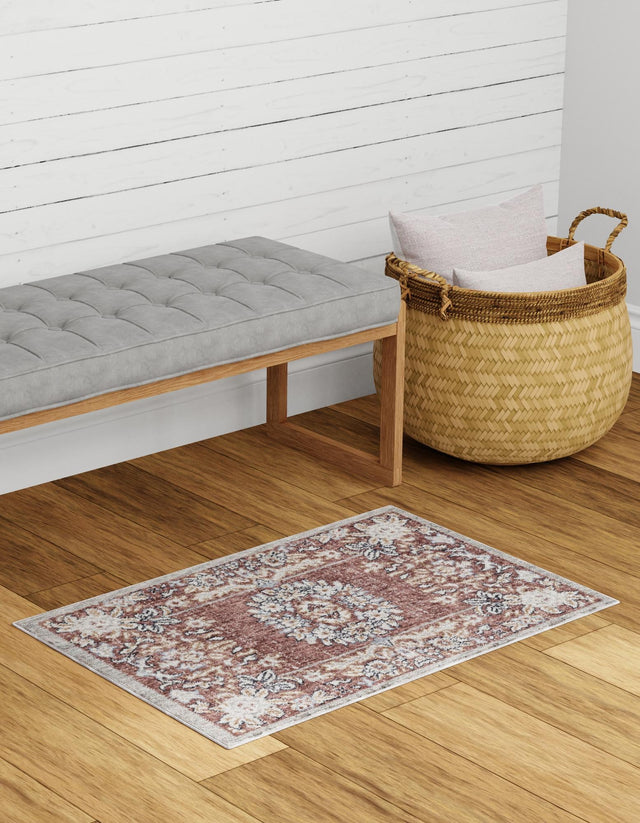 Dusty Rose 5' 3 x 8' Eco Traditional Rectangle Area Rug 100% Recycled Space Dyed Polyester With Cotton Backing Classic Pattern Carpet for Living, Dining, Office Space for Sale at Rug Engine