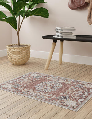 Dusty Rose 5' 3 x 8' Eco Traditional Rectangle Area Rug 100% Recycled Space Dyed Polyester With Cotton Backing Classic Pattern Carpet for Living, Dining, Office Space for Sale at Rug Engine