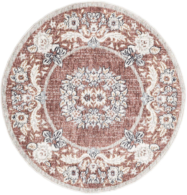 Dusty Rose 3' 3 x 3' 3 Eco Traditional Round Area Rug 100% Recycled Space Dyed Polyester With Cotton Backing Classic Pattern Carpet for Living, Dining, Office Space for Sale at Rug Engine
