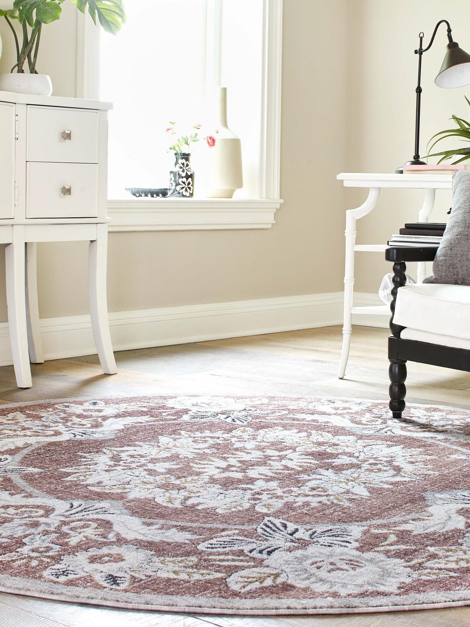 Dusty Rose 3' 3 x 3' 3 Eco Traditional Round Area Rug 100% Recycled Space Dyed Polyester With Cotton Backing Classic Pattern Carpet for Living, Dining, Office Space for Sale at Rug Engine
