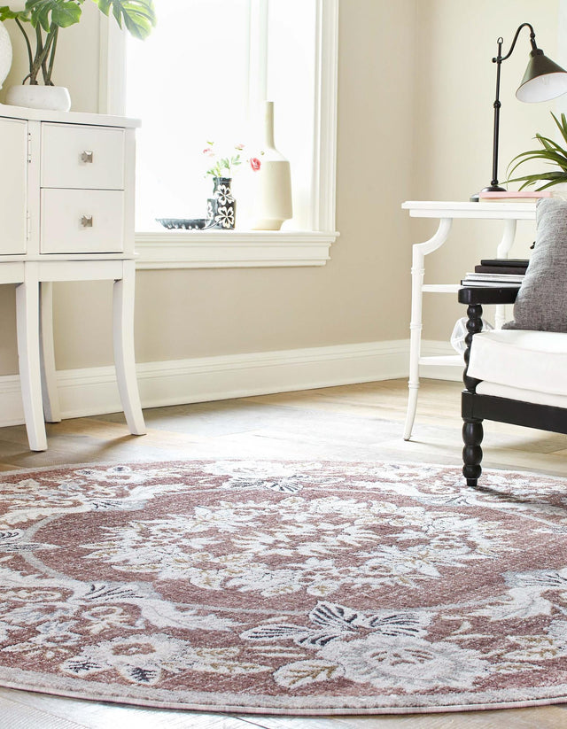 Dusty Rose 3' 3 x 3' 3 Eco Traditional Round Area Rug 100% Recycled Space Dyed Polyester With Cotton Backing Classic Pattern Carpet for Living, Dining, Office Space for Sale at Rug Engine