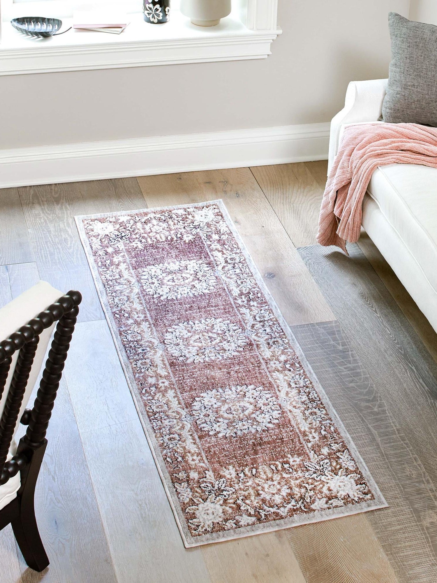 Dusty Rose 2' x 8' Eco Traditional Runner Area Rug 100% Recycled Space Dyed Polyester With Cotton Backing Classic Pattern Carpet for Living, Dining, Office Space for Sale at Rug Engine