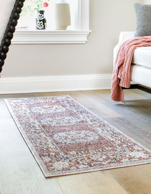 Dusty Rose 2' 7 x 12' Eco Traditional Runner Area Rug 100% Recycled Space Dyed Polyester With Cotton Backing Classic Pattern Carpet for Living, Dining, Office Space for Sale at Rug Engine