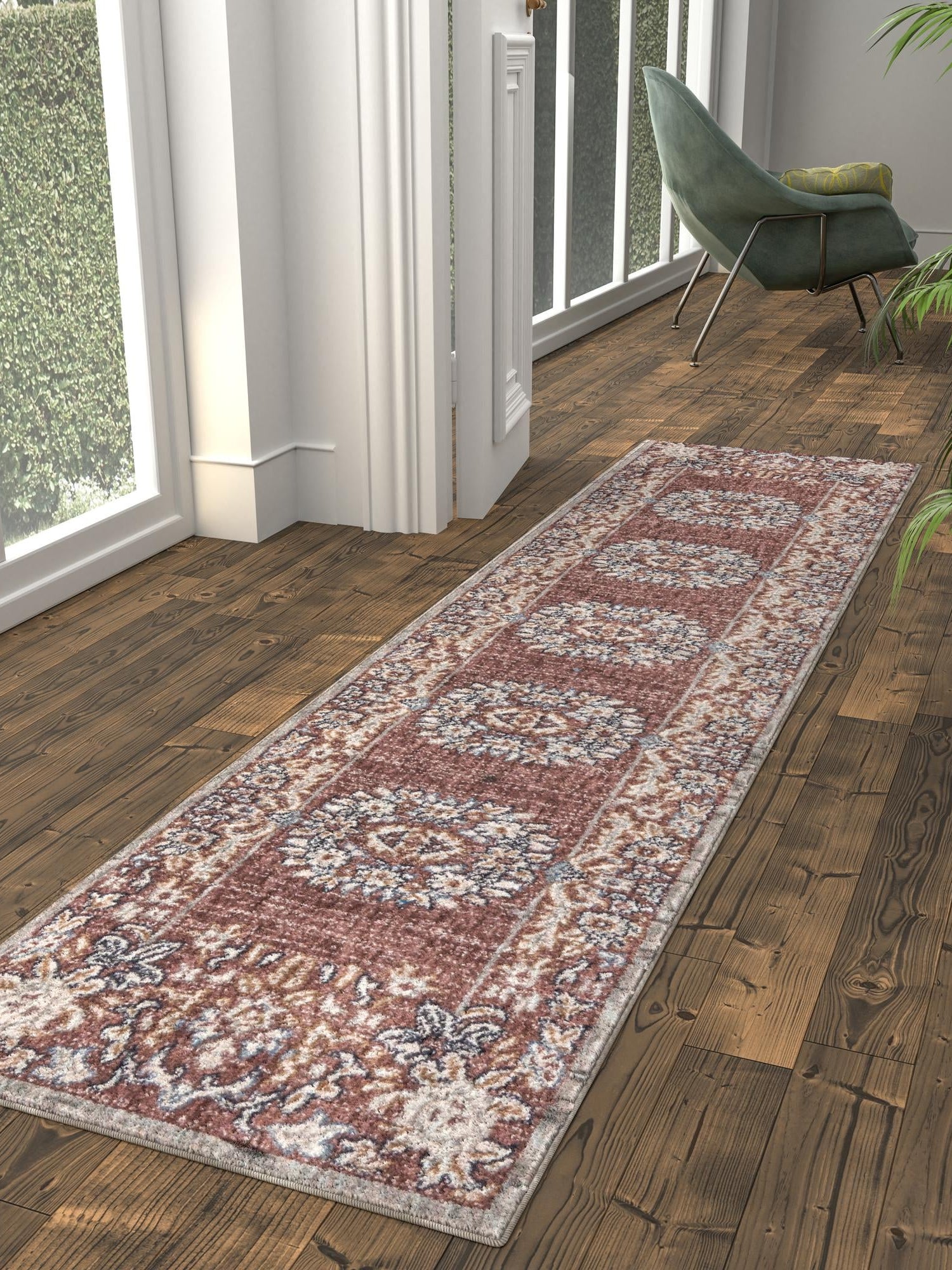 Dusty Rose 2' 7 x 12' Eco Traditional Runner Area Rug 100% Recycled Space Dyed Polyester With Cotton Backing Classic Pattern Carpet for Living, Dining, Office Space for Sale at Rug Engine