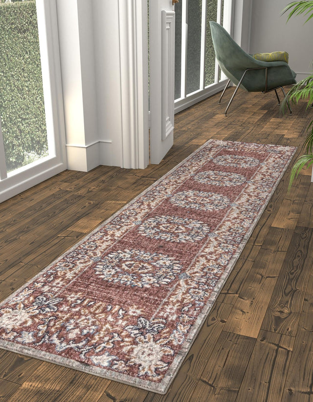 Dusty Rose 2' 7 x 12' Eco Traditional Runner Area Rug 100% Recycled Space Dyed Polyester With Cotton Backing Classic Pattern Carpet for Living, Dining, Office Space for Sale at Rug Engine