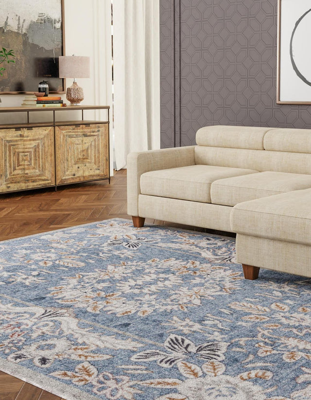 Harbor Blue 7' 10 x 10' Eco Traditional Rectangle Area Rug 100% Recycled Space Dyed Polyester With Cotton Backing Classic Pattern Carpet for Living, Dining, Office Space for Sale at Rug Engine