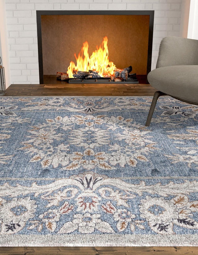Harbor Blue 7' 10 x 10' Eco Traditional Rectangle Area Rug 100% Recycled Space Dyed Polyester With Cotton Backing Classic Pattern Carpet for Living, Dining, Office Space for Sale at Rug Engine
