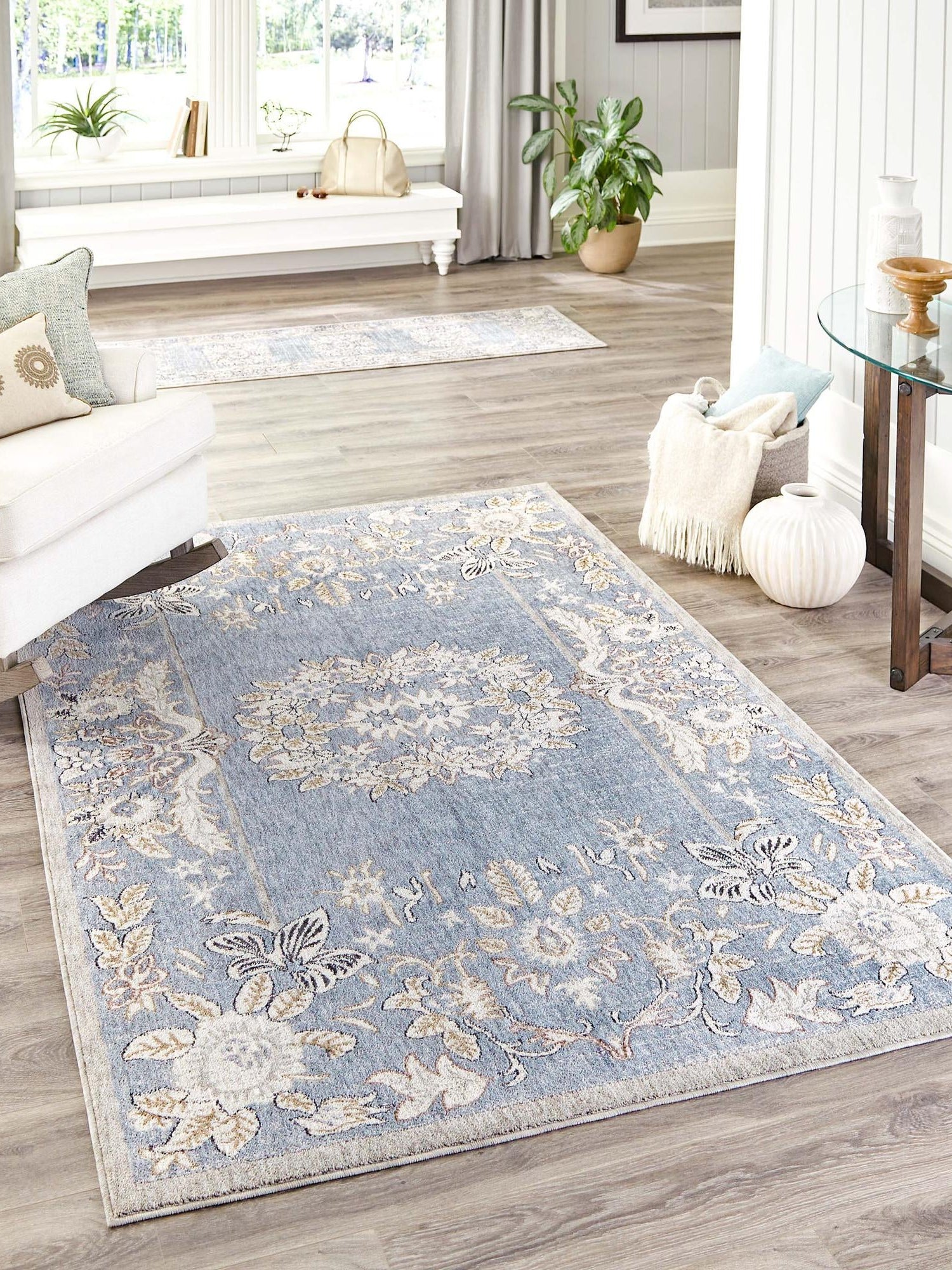Harbor Blue 7' 10 x 10' Eco Traditional Rectangle Area Rug 100% Recycled Space Dyed Polyester With Cotton Backing Classic Pattern Carpet for Living, Dining, Office Space for Sale at Rug Engine
