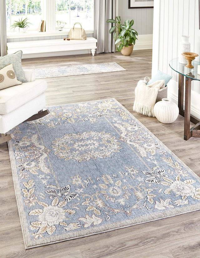 Harbor Blue 7' 10 x 10' Eco Traditional Rectangle Area Rug 100% Recycled Space Dyed Polyester With Cotton Backing Classic Pattern Carpet for Living, Dining, Office Space for Sale at Rug Engine