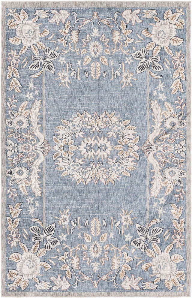 Harbor Blue 5' 3 x 8' Eco Traditional Rectangle Area Rug 100% Recycled Space Dyed Polyester With Cotton Backing Classic Pattern Carpet for Living, Dining, Office Space for Sale at Rug Engine