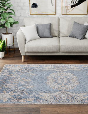 Harbor Blue 10' x 13' Eco Traditional Rectangle Area Rug 100% Recycled Space Dyed Polyester With Cotton Backing Classic Pattern Carpet for Living, Dining, Office Space for Sale at Rug Engine