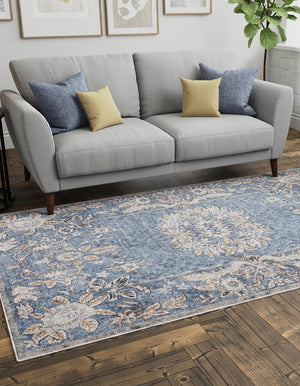 Harbor Blue 7' 10 x 10' Eco Traditional Rectangle Area Rug 100% Recycled Space Dyed Polyester With Cotton Backing Classic Pattern Carpet for Living, Dining, Office Space for Sale at Rug Engine