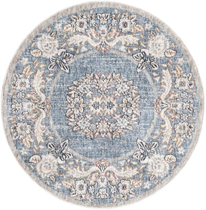 Harbor Blue 3' 3 x 3' 3 Eco Traditional Round Area Rug 100% Recycled Space Dyed Polyester With Cotton Backing Classic Pattern Carpet for Living, Dining, Office Space for Sale at Rug Engine