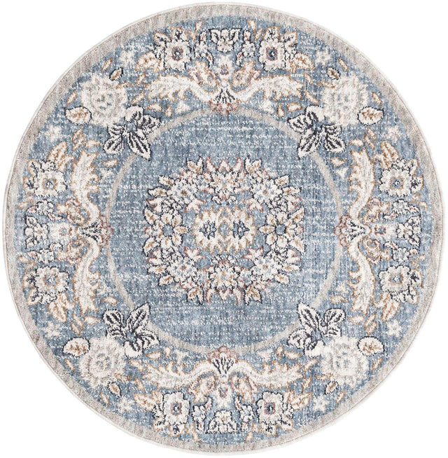 Harbor Blue 3' 3 x 3' 3 Eco Traditional Round Area Rug 100% Recycled Space Dyed Polyester With Cotton Backing Classic Pattern Carpet for Living, Dining, Office Space for Sale at Rug Engine