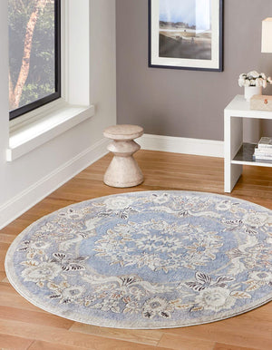 Harbor Blue 3' 3 x 3' 3 Eco Traditional Round Area Rug 100% Recycled Space Dyed Polyester With Cotton Backing Classic Pattern Carpet for Living, Dining, Office Space for Sale at Rug Engine