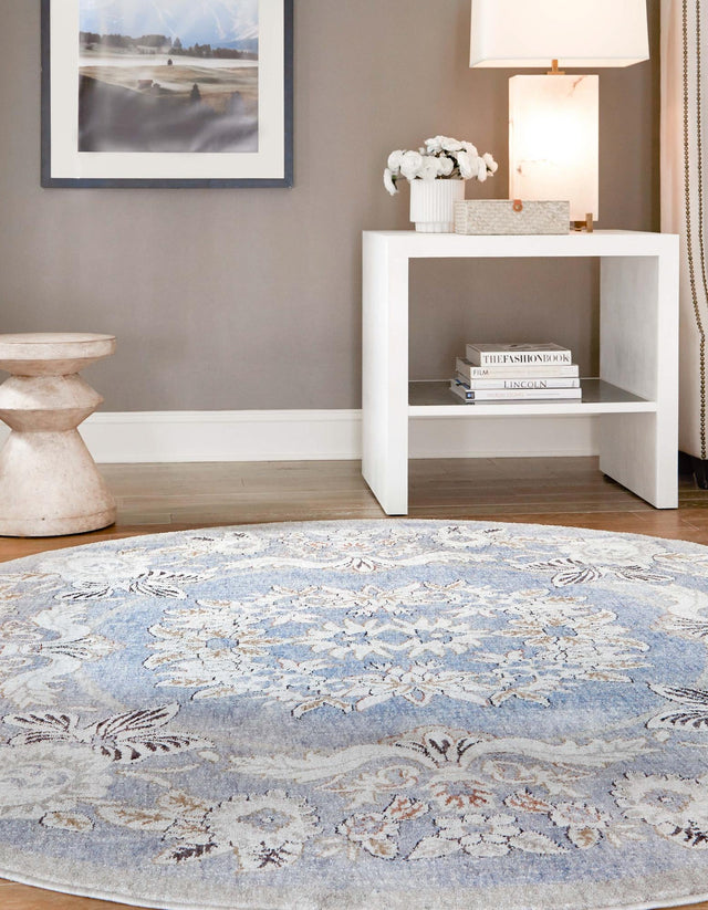 Harbor Blue 3' 3 x 3' 3 Eco Traditional Round Area Rug 100% Recycled Space Dyed Polyester With Cotton Backing Classic Pattern Carpet for Living, Dining, Office Space for Sale at Rug Engine