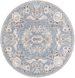 Harbor Blue 7' x 7' Eco Traditional Round Area Rug 100% Recycled Space Dyed Polyester With Cotton Backing Classic Pattern Carpet for Living, Dining, Office Space for Sale at Rug Engine