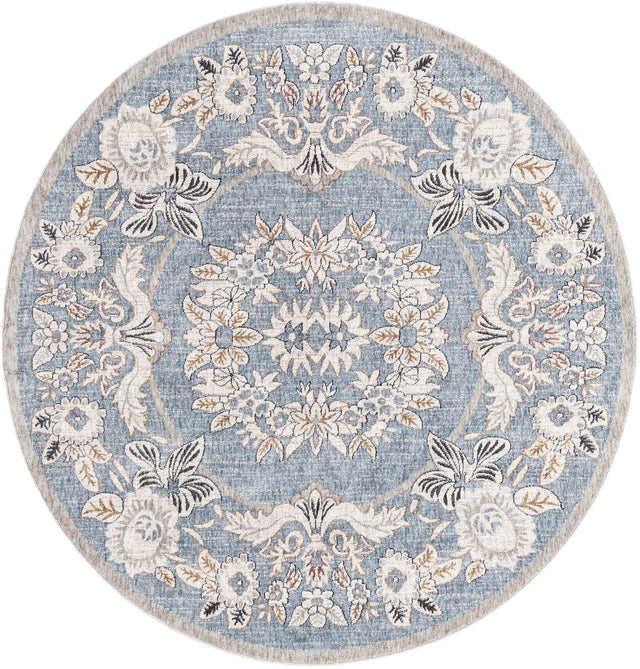Harbor Blue 7' x 7' Eco Traditional Round Area Rug 100% Recycled Space Dyed Polyester With Cotton Backing Classic Pattern Carpet for Living, Dining, Office Space for Sale at Rug Engine
