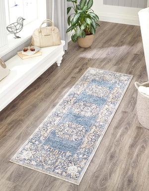 Harbor Blue 2' x 6' Eco Traditional Runner Area Rug 100% Recycled Space Dyed Polyester With Cotton Backing Classic Pattern Carpet for Living, Dining, Office Space for Sale at Rug Engine