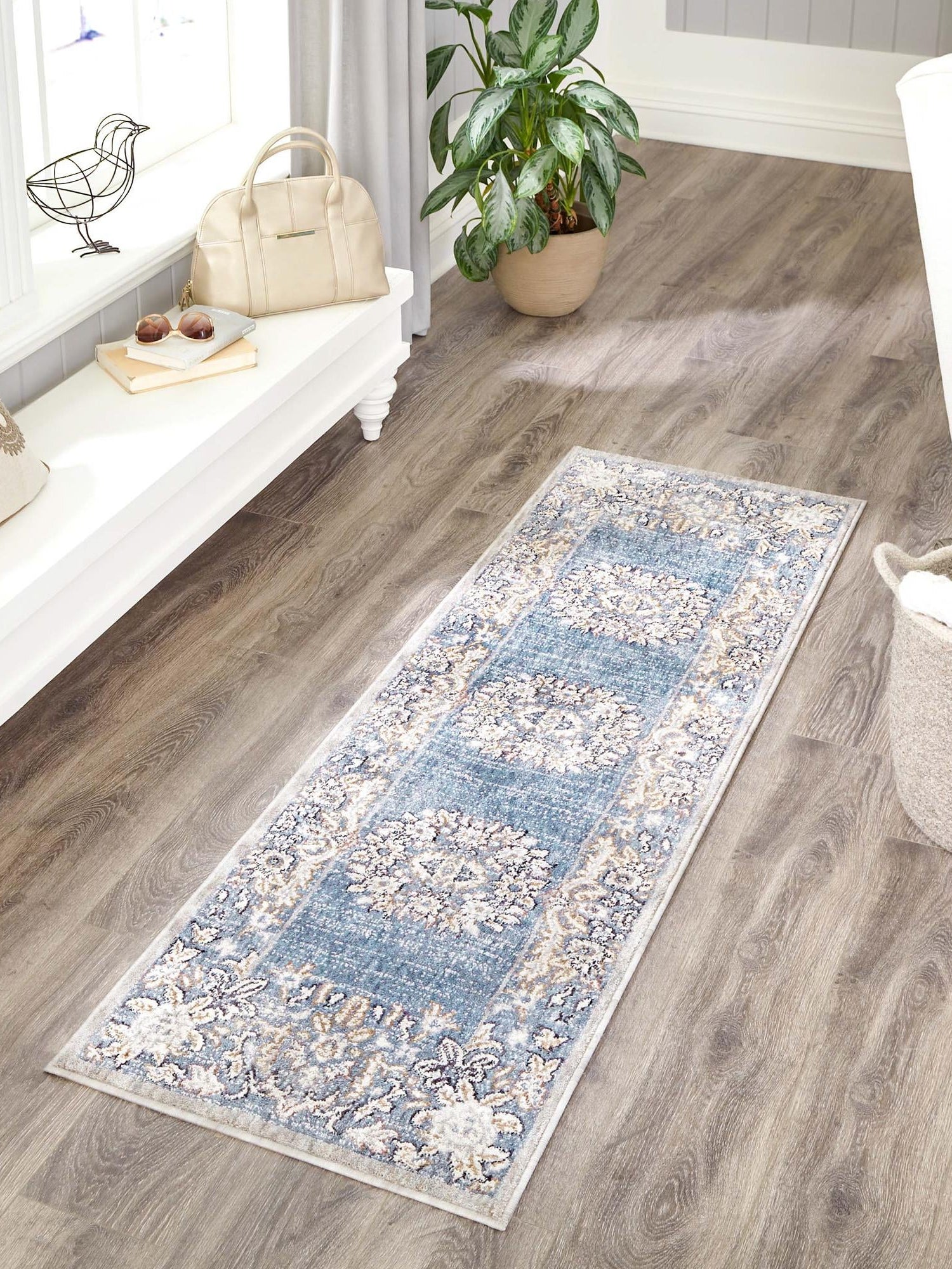 Harbor Blue 2' 7 x 12' Eco Traditional Runner Area Rug 100% Recycled Space Dyed Polyester With Cotton Backing Classic Pattern Carpet for Living, Dining, Office Space for Sale at Rug Engine