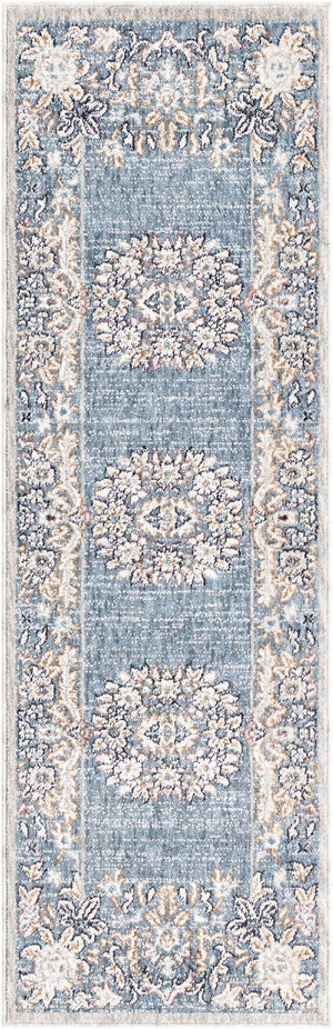 Harbor Blue 2' x 6' Eco Traditional Runner Area Rug 100% Recycled Space Dyed Polyester With Cotton Backing Classic Pattern Carpet for Living, Dining, Office Space for Sale at Rug Engine