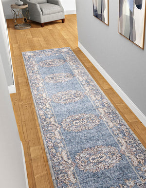 Harbor Blue 2' 7 x 12' Eco Traditional Runner Area Rug 100% Recycled Space Dyed Polyester With Cotton Backing Classic Pattern Carpet for Living, Dining, Office Space for Sale at Rug Engine