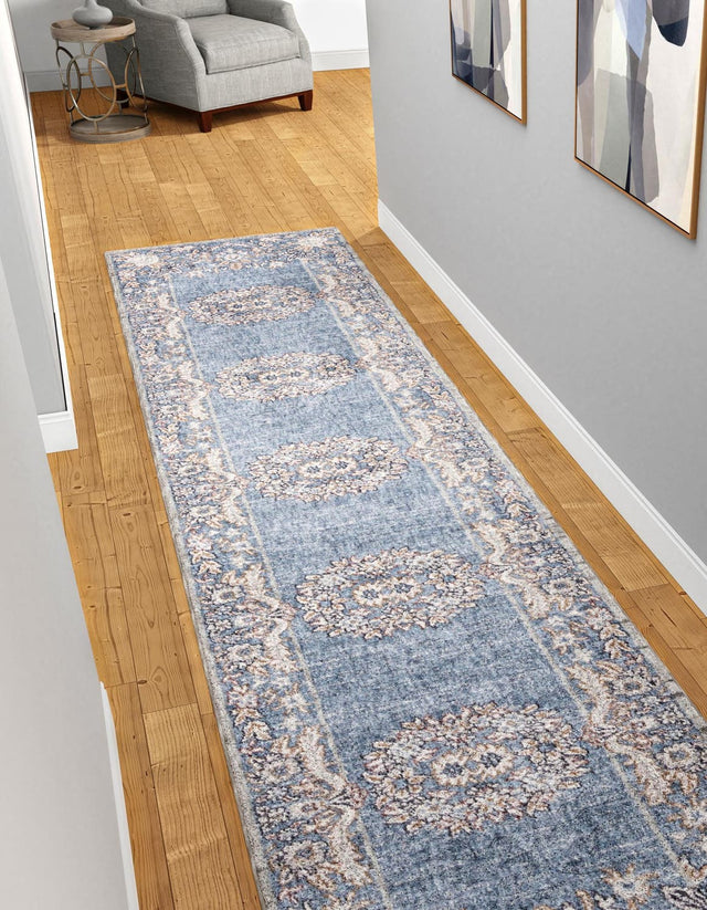 Harbor Blue 2' 7 x 12' Eco Traditional Runner Area Rug 100% Recycled Space Dyed Polyester With Cotton Backing Classic Pattern Carpet for Living, Dining, Office Space for Sale at Rug Engine
