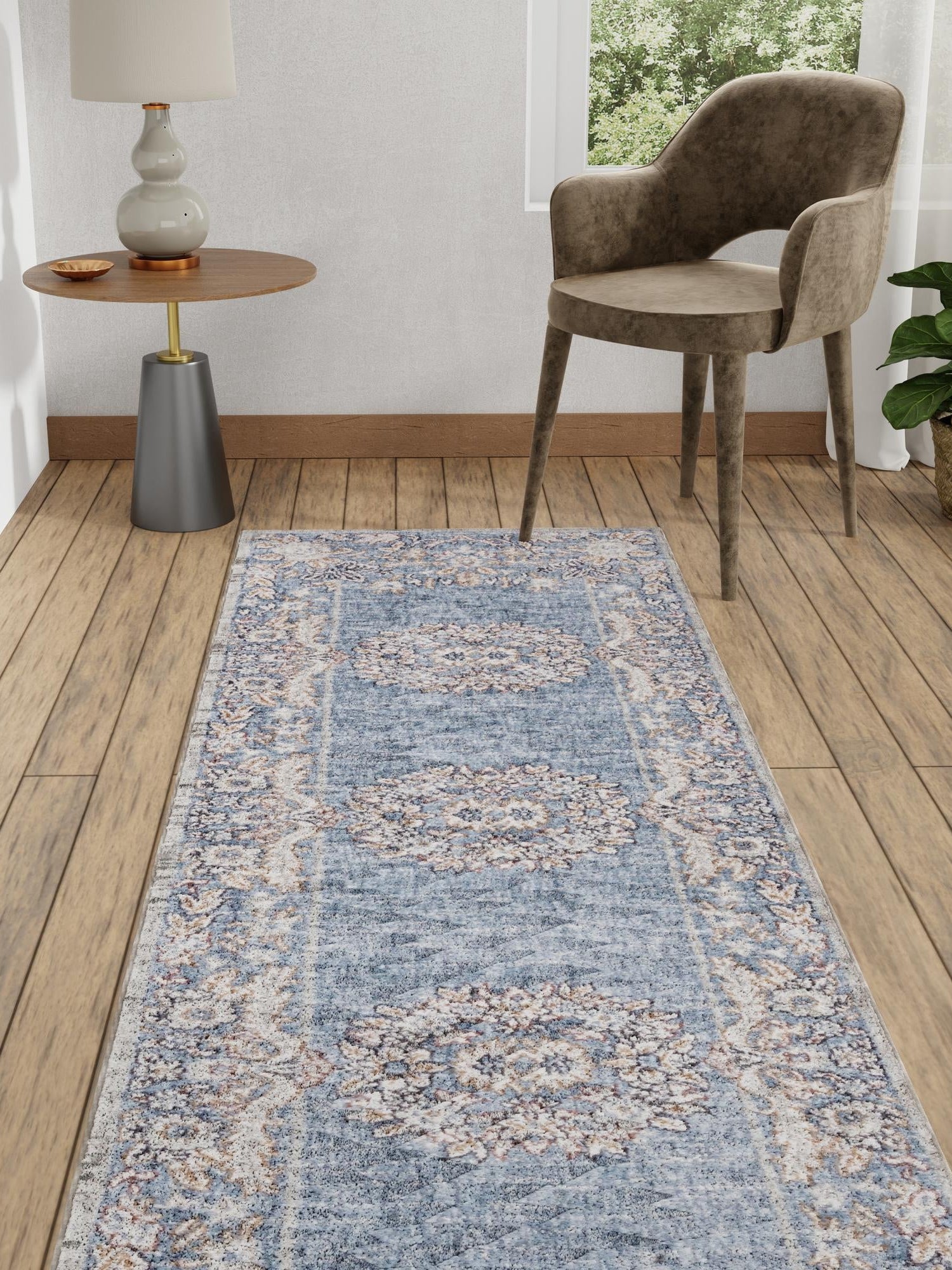 Harbor Blue 2' x 8' Eco Traditional Runner Area Rug 100% Recycled Space Dyed Polyester With Cotton Backing Classic Pattern Carpet for Living, Dining, Office Space for Sale at Rug Engine