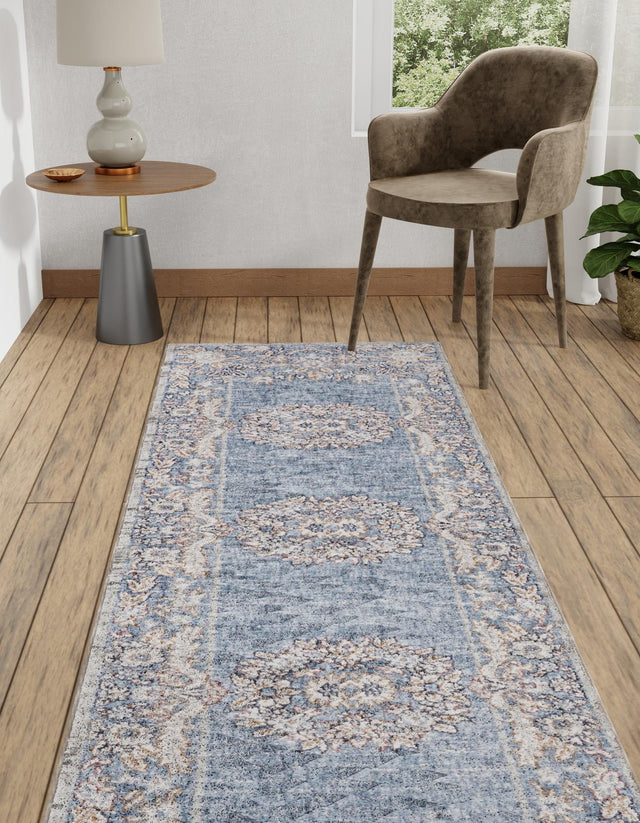 Harbor Blue 2' x 6' Eco Traditional Runner Area Rug 100% Recycled Space Dyed Polyester With Cotton Backing Classic Pattern Carpet for Living, Dining, Office Space for Sale at Rug Engine