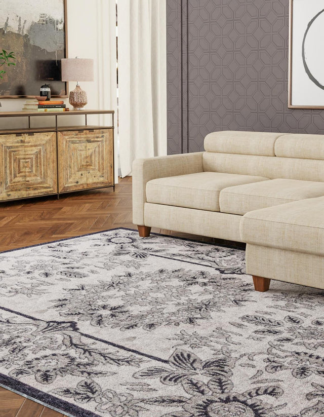 Ivory 7' 10 x 10' Eco Traditional Rectangle Area Rug 100% Recycled Space Dyed Polyester With Cotton Backing Classic Pattern Carpet for Living, Dining, Office Space for Sale at Rug Engine