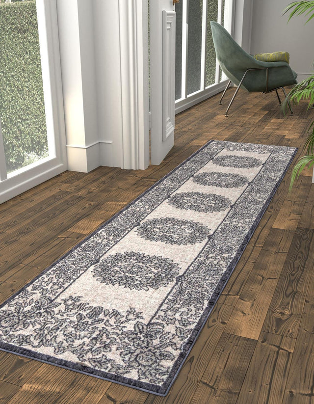 Ivory 2' x 8' Eco Traditional Runner Area Rug 100% Recycled Space Dyed Polyester With Cotton Backing Classic Pattern Carpet for Living, Dining, Office Space for Sale at Rug Engine