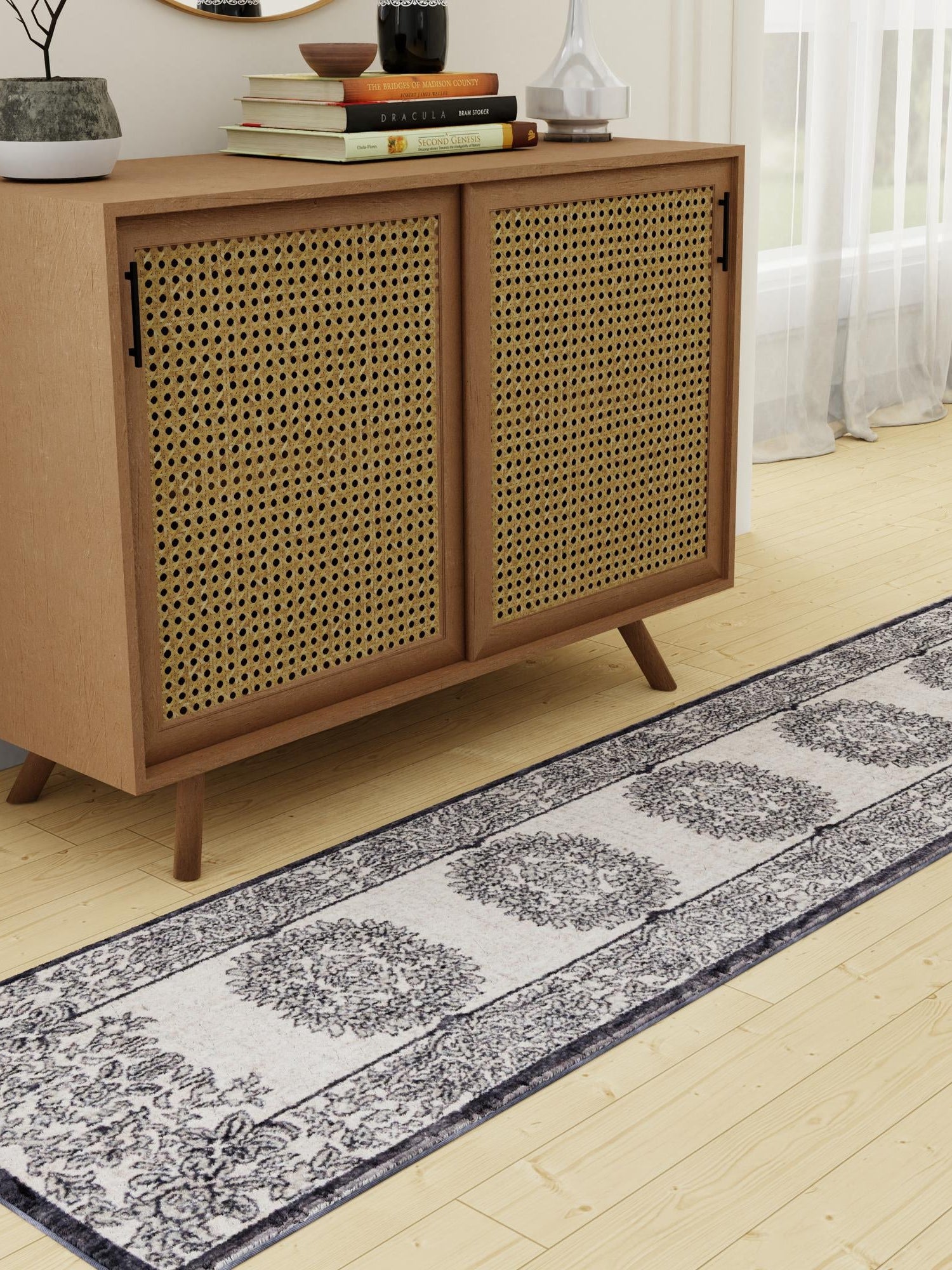 Ivory 2' x 8' Eco Traditional Runner Area Rug 100% Recycled Space Dyed Polyester With Cotton Backing Classic Pattern Carpet for Living, Dining, Office Space for Sale at Rug Engine
