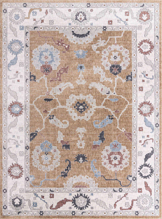 Almond Beige 10' x 13' Eco Traditional Rectangle Area Rug 100% Recycled Space Dyed Polyester With Cotton Backing Classic Pattern Carpet for Living, Dining, Office Space for Sale at Rug Engine