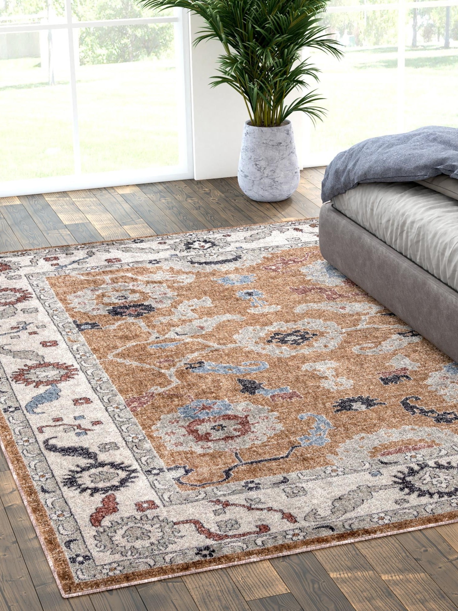 Almond Beige 5' 3 x 8' Eco Traditional Rectangle Area Rug 100% Recycled Space Dyed Polyester With Cotton Backing Classic Pattern Carpet for Living, Dining, Office Space for Sale at Rug Engine