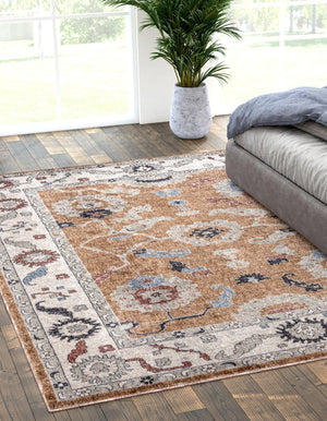 Almond Beige 5' 3 x 8' Eco Traditional Rectangle Area Rug 100% Recycled Space Dyed Polyester With Cotton Backing Classic Pattern Carpet for Living, Dining, Office Space for Sale at Rug Engine