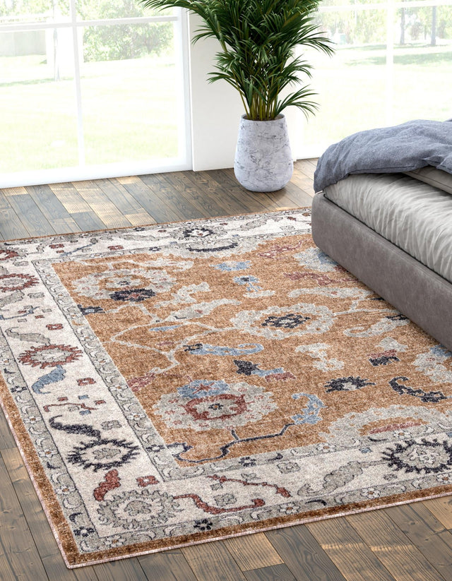 Almond Beige 5' 3 x 8' Eco Traditional Rectangle Area Rug 100% Recycled Space Dyed Polyester With Cotton Backing Classic Pattern Carpet for Living, Dining, Office Space for Sale at Rug Engine