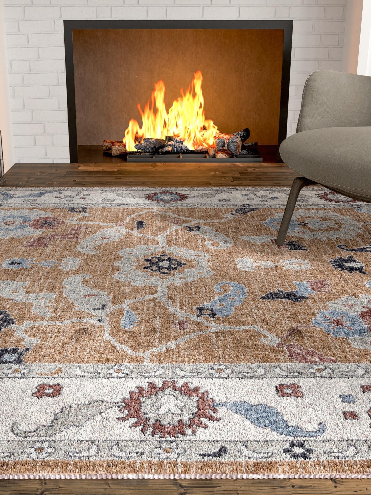 Almond Beige 2' x 3' Eco Traditional Rectangle Area Rug 100% Recycled Space Dyed Polyester With Cotton Backing Classic Pattern Carpet for Living, Dining, Office Space for Sale at Rug Engine