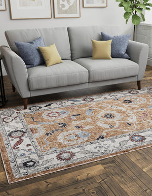 Almond Beige 5' 3 x 8' Eco Traditional Rectangle Area Rug 100% Recycled Space Dyed Polyester With Cotton Backing Classic Pattern Carpet for Living, Dining, Office Space for Sale at Rug Engine
