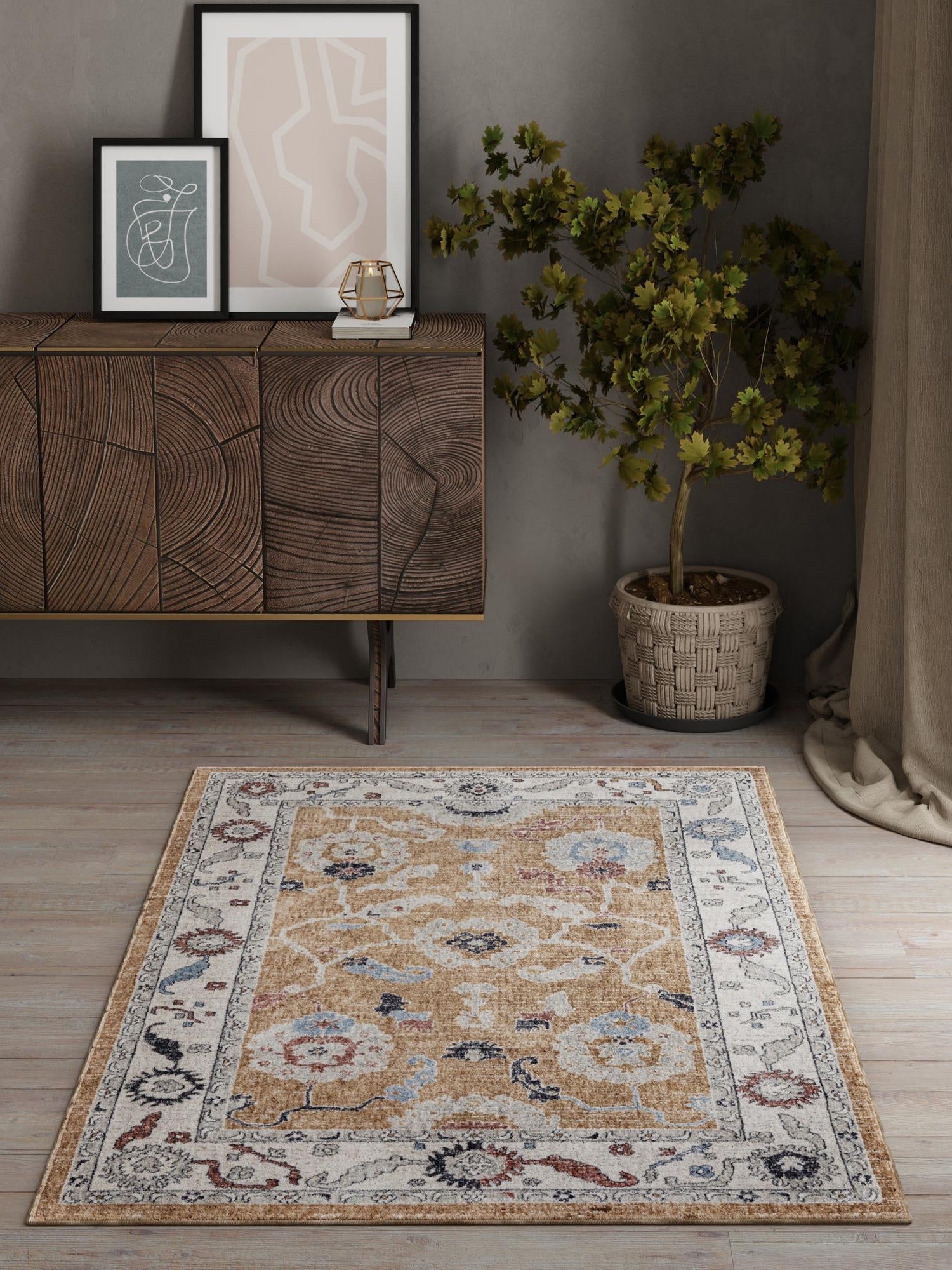 Almond Beige 4' x 6' Eco Traditional Rectangle Area Rug 100% Recycled Space Dyed Polyester With Cotton Backing Classic Pattern Carpet for Living, Dining, Office Space for Sale at Rug Engine