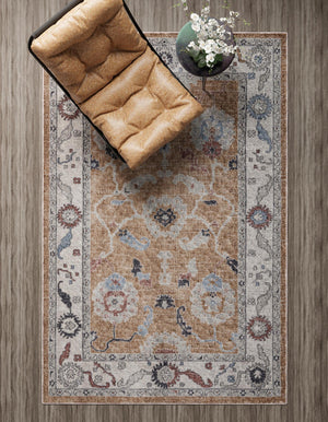 Almond Beige 5' 3 x 8' Eco Traditional Rectangle Area Rug 100% Recycled Space Dyed Polyester With Cotton Backing Classic Pattern Carpet for Living, Dining, Office Space for Sale at Rug Engine