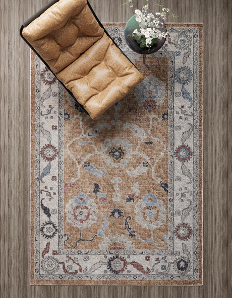 Almond Beige 5' 3 x 8' Eco Traditional Rectangle Area Rug 100% Recycled Space Dyed Polyester With Cotton Backing Classic Pattern Carpet for Living, Dining, Office Space for Sale at Rug Engine