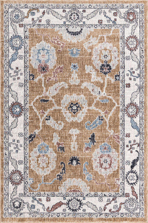 Almond Beige 4' x 6' Eco Traditional Rectangle Area Rug 100% Recycled Space Dyed Polyester With Cotton Backing Classic Pattern Carpet for Living, Dining, Office Space for Sale at Rug Engine