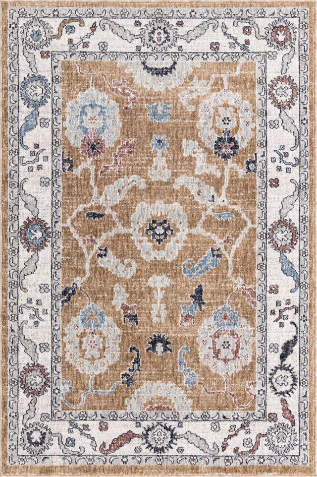 Almond Beige 4' x 6' Eco Traditional Rectangle Area Rug 100% Recycled Space Dyed Polyester With Cotton Backing Classic Pattern Carpet for Living, Dining, Office Space for Sale at Rug Engine