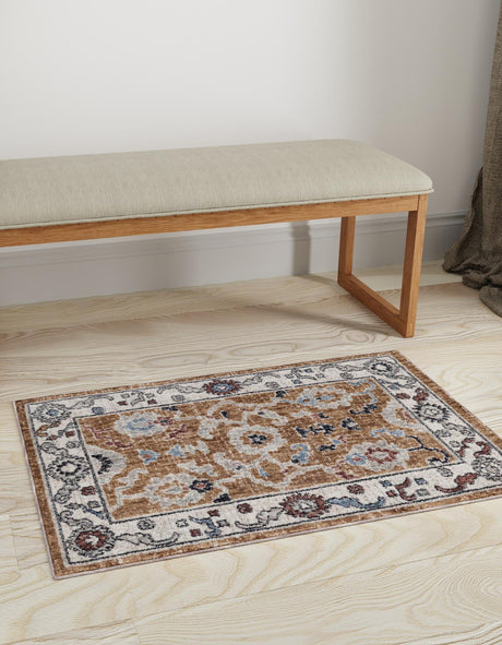 Almond Beige 5' 3 x 8' Eco Traditional Rectangle Area Rug 100% Recycled Space Dyed Polyester With Cotton Backing Classic Pattern Carpet for Living, Dining, Office Space for Sale at Rug Engine