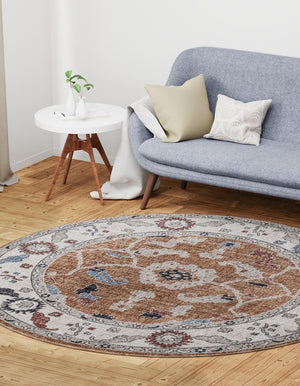 Almond Beige 3' 3 x 3' 3 Eco Traditional Round Area Rug 100% Recycled Space Dyed Polyester With Cotton Backing Classic Pattern Carpet for Living, Dining, Office Space for Sale at Rug Engine