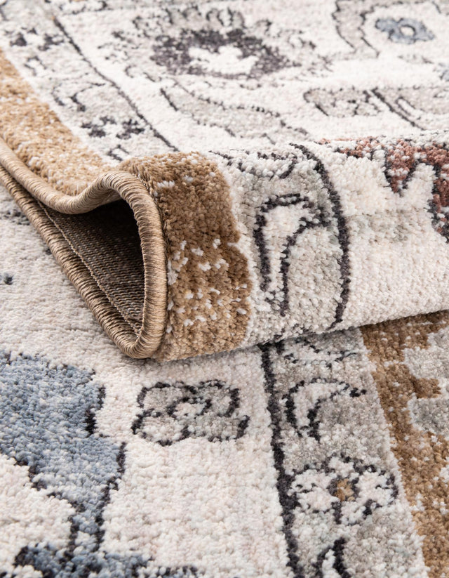 Almond Beige 7' x 7' Eco Traditional Round Area Rug 100% Recycled Space Dyed Polyester With Cotton Backing Classic Pattern Carpet for Living, Dining, Office Space for Sale at Rug Engine
