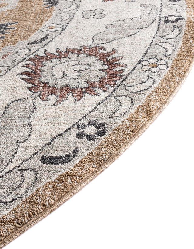 Almond Beige 7' x 7' Eco Traditional Round Area Rug 100% Recycled Space Dyed Polyester With Cotton Backing Classic Pattern Carpet for Living, Dining, Office Space for Sale at Rug Engine