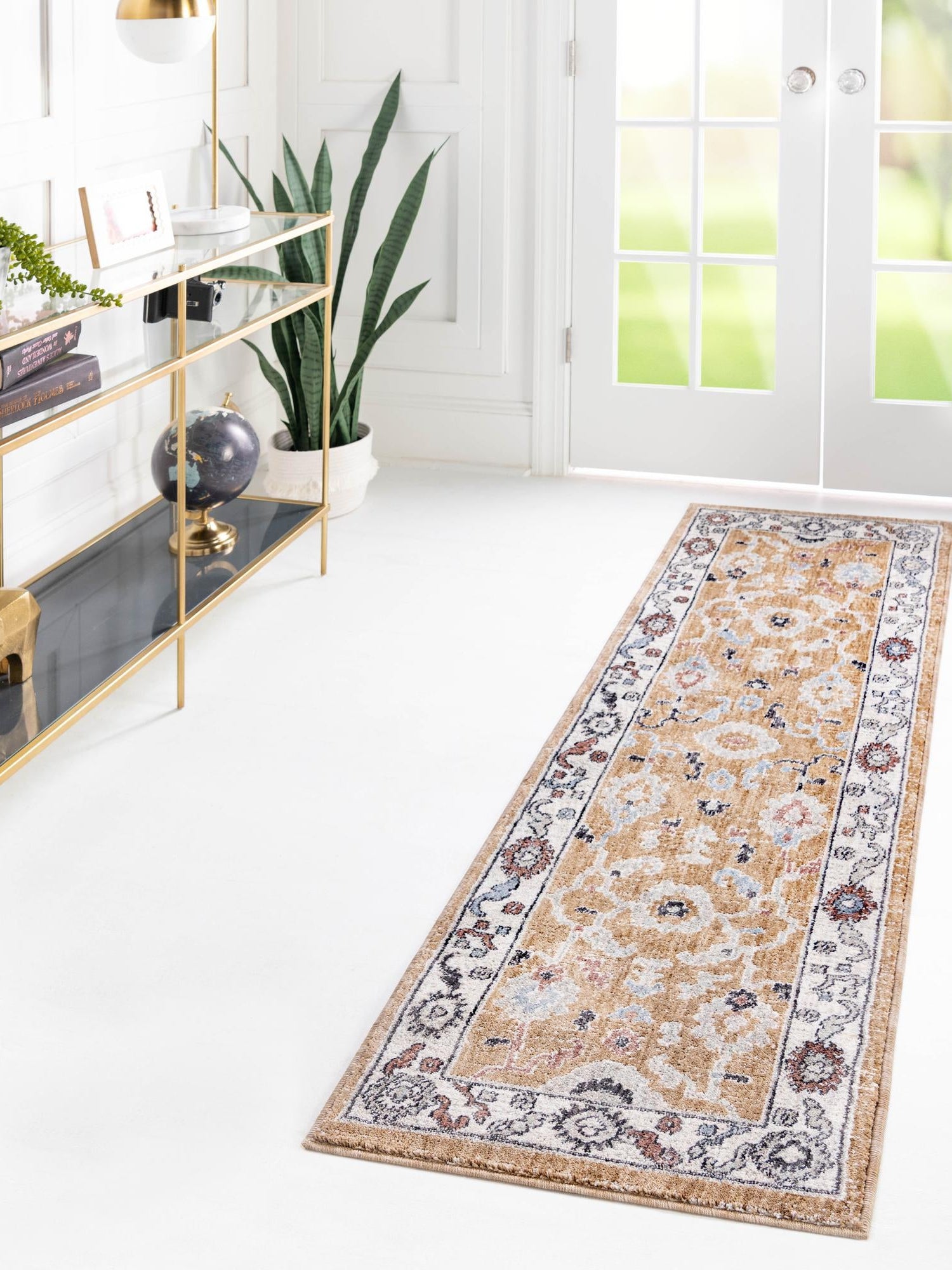 Almond Beige 2' x 8' Eco Traditional Runner Area Rug 100% Recycled Space Dyed Polyester With Cotton Backing Classic Pattern Carpet for Living, Dining, Office Space for Sale at Rug Engine