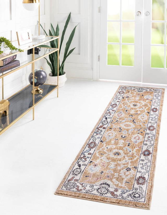 Almond Beige 2' 7 x 12' Eco Traditional Runner Area Rug 100% Recycled Space Dyed Polyester With Cotton Backing Classic Pattern Carpet for Living, Dining, Office Space for Sale at Rug Engine