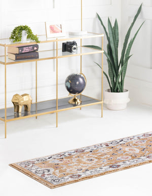 Almond Beige 2' 7 x 12' Eco Traditional Runner Area Rug 100% Recycled Space Dyed Polyester With Cotton Backing Classic Pattern Carpet for Living, Dining, Office Space for Sale at Rug Engine